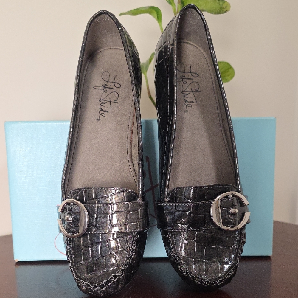 Life Stride Black Croc-Embossed Loafers with Buckle